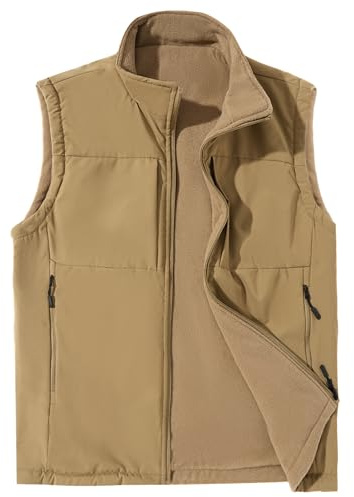 AIEOE Gilet for Men Winter Body Warmer Sleeveless Jacket Warm Fleece Outerwear Vest Multi-pockets for Sport Work Khaki Label Size 3XL/ UK Size XL