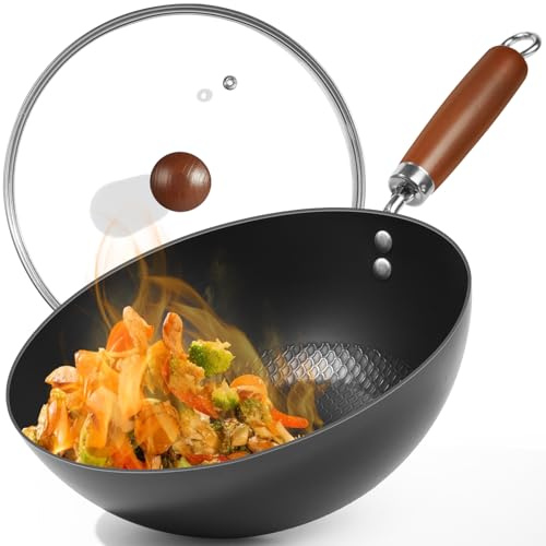 BrBrGo Carbon Steel Pan, 9.5-Inch Stir-Fry Woks & Pans Set with Glass Lid, 1.65lb Lightweight No Chemical Coated Flat Bottom Small Wok for 1-2 Servings