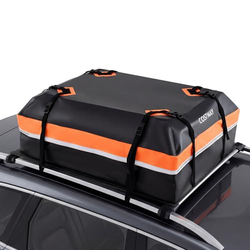 COSTWAY 15/21 Cubic Feet Car Roof Bag, 100% Waterproof Roofing Cargo Carrier with Anti-Slip Mat, Combination Lock & Straps, Rooftop Luggage Storage Box (Black+Orange, 15 Cubic Ft/425L)