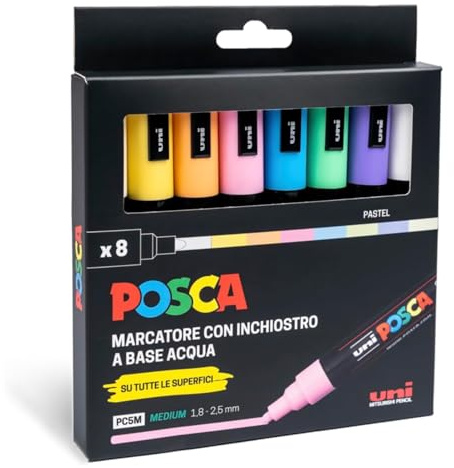 Posca - UniPosca Komplett set med 8 markörer Pastell, Punta Media 2,5 mm - Brevpapper med akrylmarkörer Uni Posca, Gäller även som färger för tyger, Trä, Glas, Keramik och mer