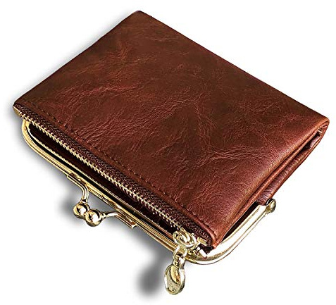 AOXONEL Womens Wallet Small Rfid Ladies Compact Bifold Leather Vintage Coin Purse With Zipper and Kiss Lock (Brown)