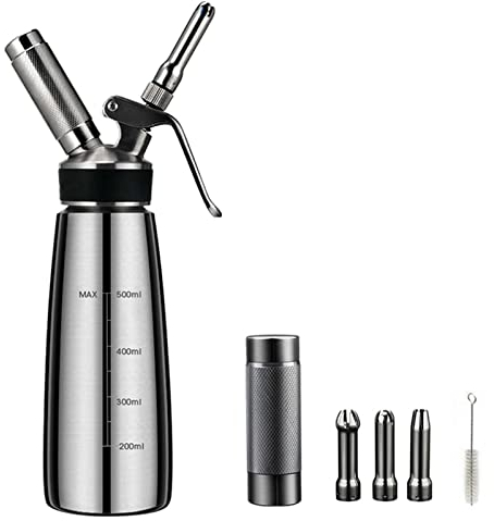 RONGJJ Sifon De Cocina para Espumas Profesional 500 Ml, Sifón De Nata con 3 Boquillas De Acero Inoxidable, Dispensador De Crema Fresca – Cartucho Gas N2O No Incluido, A