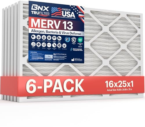 BNX TruFilter 16x25x1 MERV 13 (6-Pack) AC Furnace Air Filter,MADE IN USA,Electrostatic Pleated Air Conditioner HVAC AC Furnace Filters, Bacteria, Smoke (Actual Size: 15 11/16’’x24 11/16’’x3/4‘’)