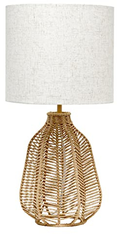 Elegant Designs LT2106-NAT 21 Tall Boho Coastal Inspired Rustic Paper Rope Rattan Wicker Look Standard Table Desk Nightstand Lamp with Light Beige Fabric Linen Shade, Natural