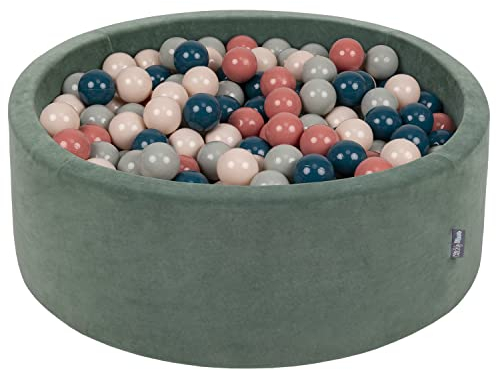 KiddyMoon Rund Bällebad Velvet Bällepool 90X30cm/300 Bälle ∅ 7Cm Ballgruben Für Babys Spielbad Kleinkinder, Hergestellt In Der EU, Waldgrün: Dunkeltürkis/Pastellbeige/Grüngrau/Lachsfarben