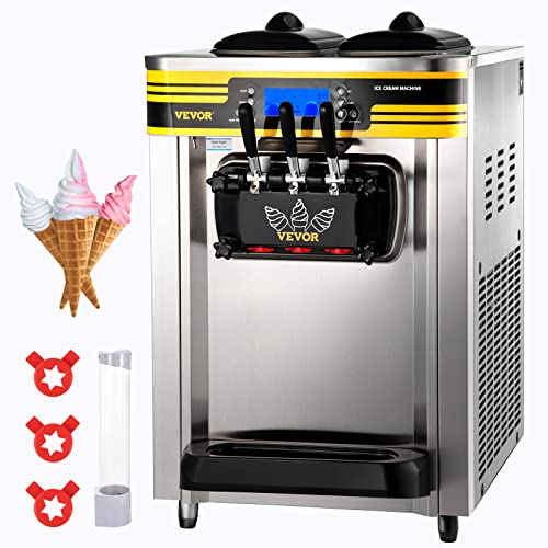 VEVOR Machine à Crème Glacée Molle 22-30L/h 2350W Machine à Glace Italienne Trémie 6L Sorbetière Glace à l’Italienne Pré-Réfrigération Décongélation en Un Clic 3 Saveurs Sundae Yaourt Café Snack-Bar