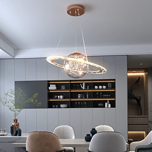 Bellastein Dimmbar Planet Hängelampe Rund Design Modern Kinderzimmer Deckenleuchte mit Fernbedienung und Glaskugel Pendellampe Höhenverstellbar Schlafzimmer Wohnzimmerlampe (Roségold, L37cm/20W)