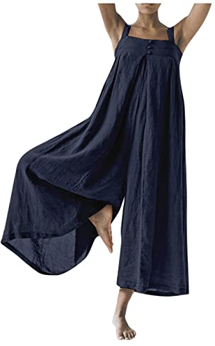 RMBLYfeiye Leinen Jumpsuit Damen Revers Einfarbiges Langarm Latzhose Mit Taschen Knopfleiste Weites Bein Trägerhose Baumwoll Leinen Sommer Overall Arbeitslatzhose Latzhose Oversize