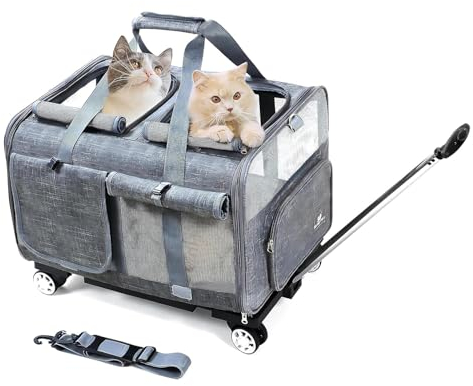 BEAUTYMONKEY.K Katzen Trolley für 2 Katzen - Katzentransportbox für 2 Katzen mit Rollen Katzentransporttasche Groß mit Rädern für Zwei Tiere – Ideal für Tierarzt, Autoreisen(55x44x33cm)