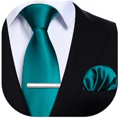 HISDERN Teal Ties for Men Solid Color Wedding Tie and Pocket Square with Tie Clips Formal Classic Business Clip on Necktie and Handkerchief Set