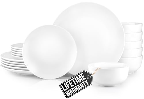 Zulay Kitchen Icon Porcelain Dinnerware Set, Service For 6 - Chip & Scratch Resistant White Plates And Bowls Sets - Microwave & Dishwasher Safe - White
