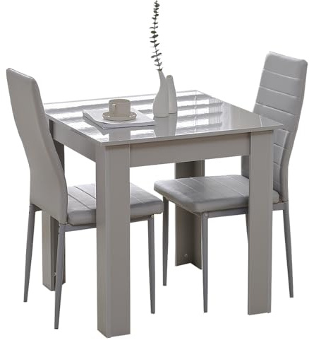 Rainbow Tree Modern 3-Piece Dining Set, Wooden Square Table with 2 Leather Chairs for Small Spaces (Grey Table+2 Grey PU Chairs)