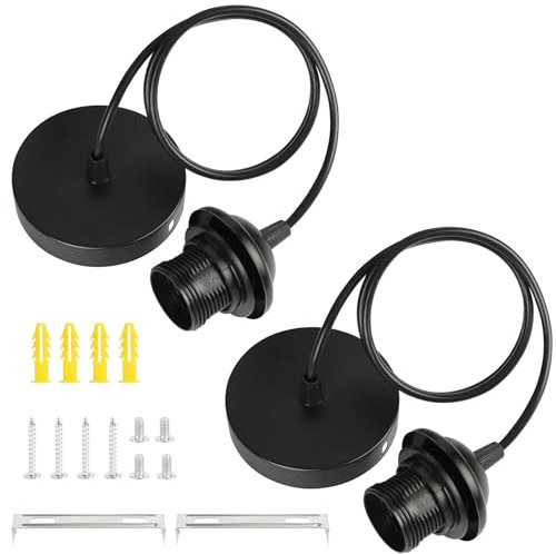 AUAUY 2pz Portalampada E27 in Nera, Lampada a Sospensione con Cavo (90CM Altezza Massima Regolabile) e Anello Filettato, per Ristoranti, Cucina, Soggiorno, Caffè, Bar