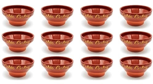 Tradineur - Pack de 12 tazas de barro para caldo gallego, tazón, cuenco para sopa, aperitivos, producto artesanal, fabricado en España (Marrón - 14,2 x 7,1 cm)