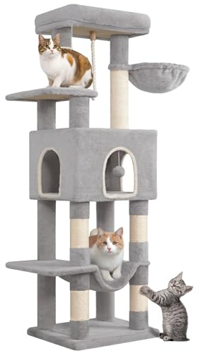 Hzuaneri Arbre à Chat Hauteur 149 cm, Tour de Jeux pour Chats, Griffoir avec Grandes Plateformes, 5 Poteaux à Griffer, 3 Pompons, 1 Hamac, 1 Niche, Multi-Niveaux, Gris Clair MS14918LG
