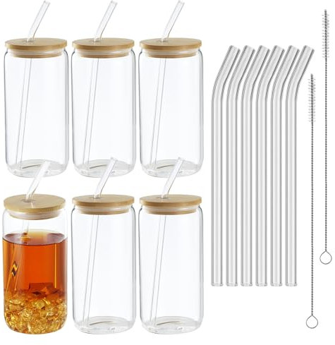 HAOYULUO 6 Piezas Vaso de Cerveza con Tapas y Pajita, 500 ml Vasos Vidrio de Cerveza, Vaso con Pajita y Pajita Reutilizables, Adecuado para tazas de hielo, limonada, batidos, cerveza, cócteles