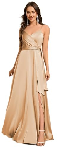 Ever-Pretty Robe de Demoiselle d'honneur Élégante Satin Fendu Col V Bretelles Réglable Ruban Champagne 42