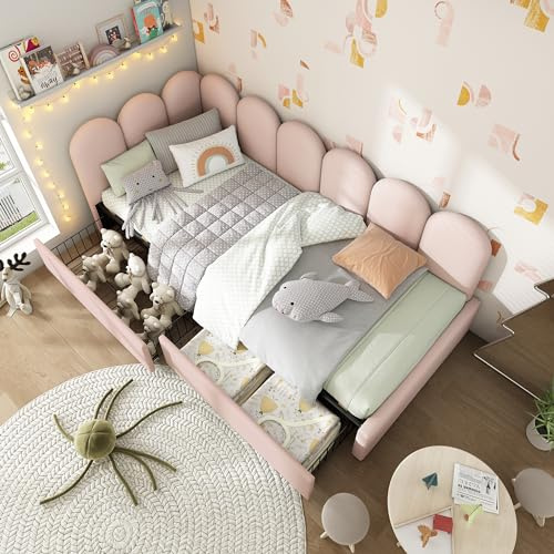 Upholstered Daybed with 2 Drawers, 3FT Single Sofa Bed 90x190cm, Slatted Frame, Velvet Fabric, Pink, for Adults & Kids
