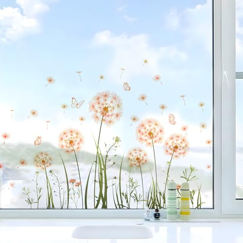 WOUYTPE 2 stycken väggtatuering maskros, gusteblomma, väggtatuering, fönsterbilder vår, för daglig dekoration av glas, dörrar, fönster, väggar och andra vardagsrum (gul maskrosa)