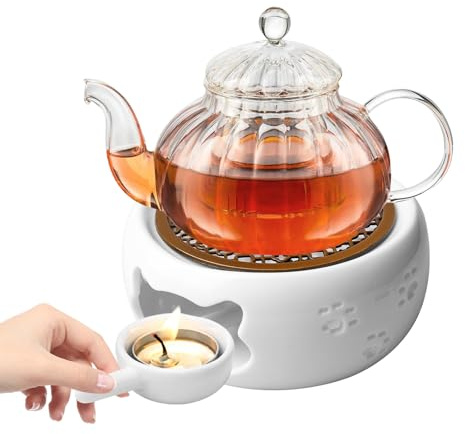 Stövchen für Teekanne, Keramik Teekannenwärmer Keramik Teestövchen mit Teelichthalter und Herdmatte Hohl Geschnitztes Design Kaffeewärmer für Wärmeerhaltung von Tee Kaffee Milch