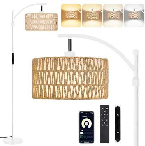 OUTON Lampada da Terra in Rattan, Lampada ad Arco Dimmerabile con App, Telecomando e Comando Touch, 4 Temperature di Colore, 2 Paralumi, Piantana LED da 12W per Soggiorno, Camera, Ufficio, Bianco