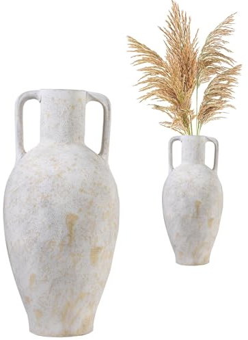 UPWOIGH 20.5in Tall Large Vintage Handles Ceramic Floor Vase, Antique White Pottery with Beige Speckles and Distressed Black Markings, Rustic Farmhouse Living Room or Bedroom Decor, Ideal Gift 1 Pack