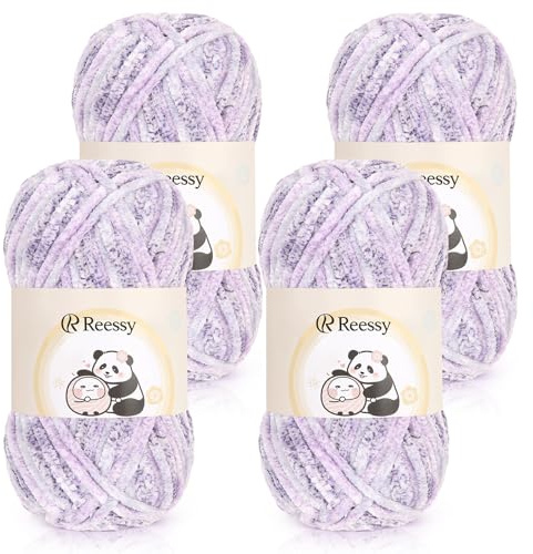 Reessy Chenille Yarn 400g, Super Soft Chunky Wool for Knitting-Lavender | Fluffy Velvet Chenille Wool Ombre, Rainbow Thick Yarn Chunky Wool for Knitting Exquisite Crafts, Amigurumi, Baby Blanket