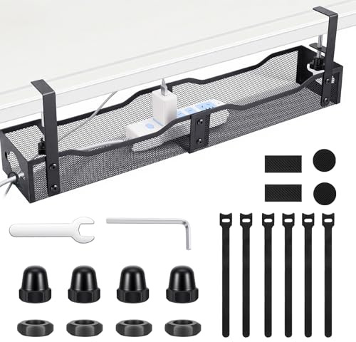 Fentar Organizador de Cables Escritorio, Cable Management Under Desk con Soporte de Abrazadera, Bandeja Cables Escritorio de 25'' / 64 cm, Recoge Cable Mesa con Diseño de Apertura Lateral