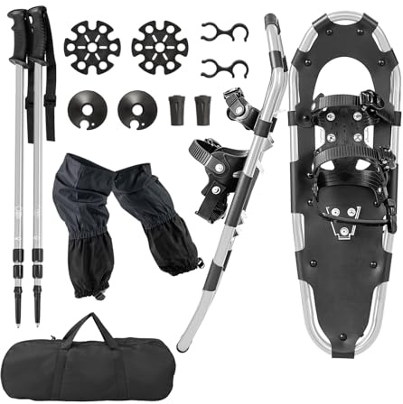 COSTWAY Juego de Raquetas de Nieve 4 en 1 Versátiles, Raquetas de Nieve Ajustables de Aluminio Ligero, Adultos y Niños, Bolsa Transporte, Bastones de Trekking, Sistema de Fijación (Plata,53cm)