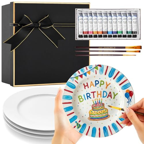 Sinmoe 4 Pcs Paint Your Own Ceramic Plates Kit Includes 4 Porcelain Plates, 3 Paint Brushes and 12 Acrylic Paints & 1 Black Gift Box & 1 Palette Paintable(7 Inch, Modern Luxe)