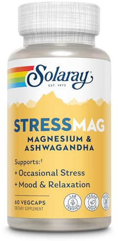 Solaray StressMag - Glicinato de magnesio más Ashwagandha para mujeres y hombres - Relajación, estado de ánimo y apoyo ocasional del estrés - Suplemento de magnesio con bisglicinato - 30 porciones, 60