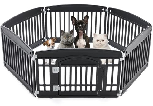 DUMOS Dog Playpen 6 Panel 24 Plastic Exercise Pen with Door Small Puppy, Medium Dogs Animal Pet for Outdoor, Garden, Yard, RV Camping - Black