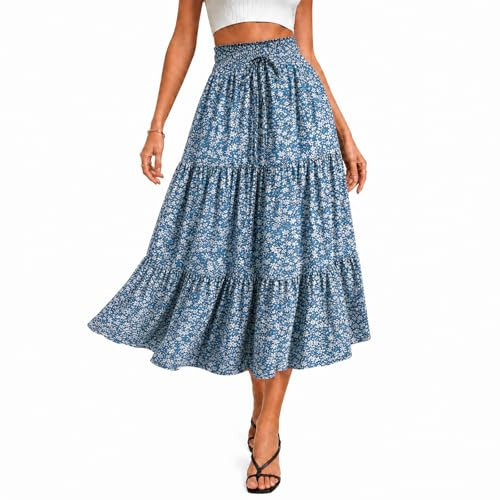 Fiohiros Womens Floral Midi Skirt Summer Tiered Skirt, Lightweight Elastic Waist Boho Flowing Long Skirt Casual Beach Skirt (UK, Alpha, M, Regular, Regular, Blue White Flower)