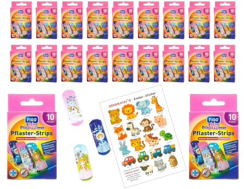 200 x barnplåster Bergmann ®, plåsterset för flickor och pojkar, kliniskt testad, vattenavvisande, ränder, färgglada plåster, klistermärken, perfekt present till barn