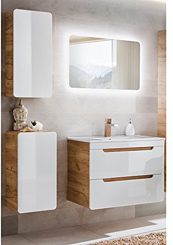 Lomadox Ensemble de meubles de salle de bain 4 pièces Blanc brillant avec lavabo en céramique, meuble suspendu et miroir de salle de bain avec éclairage LED 60 cm