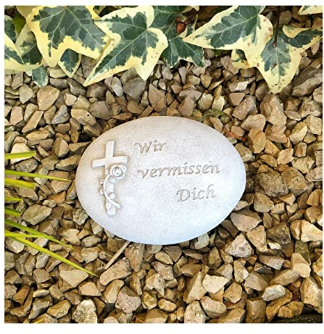 Radami Gedenkstein - Wir vermissen Dich - Grabschmuck Grabherz Trauerherz Steinform oval 10,5cm, weiß