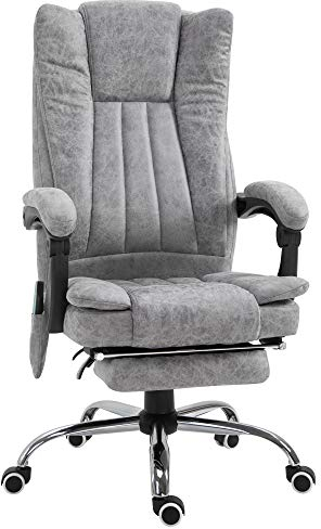 Vinsetto Bürostuhl mit Massagefunktion, Ergonomischer Schreibtischstuhl mit Heizfunktion, Liegefunktion, Höhenverstellbarer Drehstuhl mit Fußstütze, Seitentasche, Grau