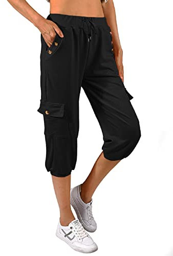 TOMEEK Caprihose Damen Jogginghose 3/4 Sporthose Hose Sommer Freizeithose Sweathose Shorts Einfarbig Baggy Kordelzug Taille Yogahose Trainingshose mit Seitentaschen(Schwarz,XL)