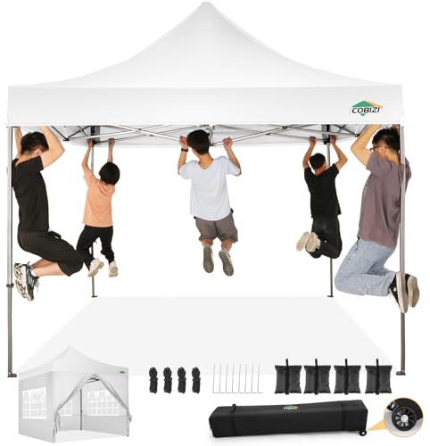 COBIZI Paviljong 3 x 3 vattentät, stabil vintersäker, vikbar paviljong utomhus, hopfällbart partytält, popup paviljong med 4 sidodelar och löpcykelväska, vit (420D Oxford presenning)