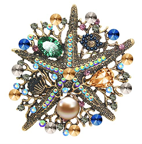 KristLand - Animal Marino Vintage Estrella de Mar Broche con Cristales Austriacos Perla Broche para Mujer Fiesta Boda Regalo de Mujer Traje Pin Navidad Oro Tono Marrón-1