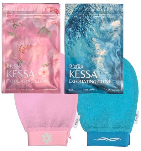 BfefBo Body Exfoliating Glove, KESSA Pink + Blue, Bath & Shower Mitt, Body scrub, Exfoliator, Plant based, Targets keratosis pilaris