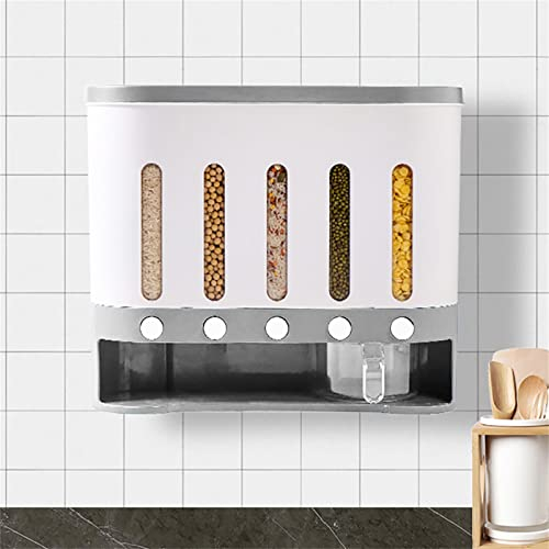 KenSyuInt 5 Grid Cereal Dispenser Wall Mounted 5-in-1 Grain Dispenser Food Dispenser Dry Food Dispenser Kitchen Dispenser for Cereal Rice Nuts Sweets Coffee Beans