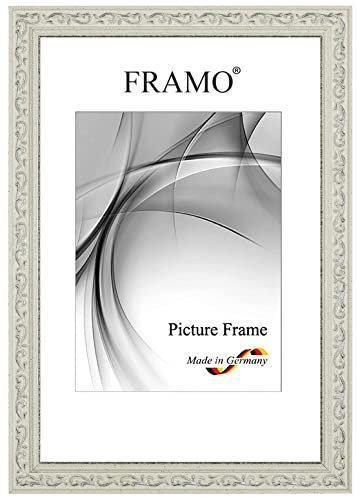 Marco de fotos FRAMO estilo barroco 24 x 30 cm de madera maciza | Blanco antiguo plateado | Color/tamaño seleccionable | Marco retro vintage antiguo N°090