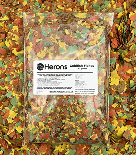 HERONS Goldfish Flakes - Premium, Multi-vitamin Flake Fish Food for all Goldfish, No Generic Fish Meal, With Omega-3 and 6 and Wide Variety of Amino Acids, High Vitamin C - 100 Grams