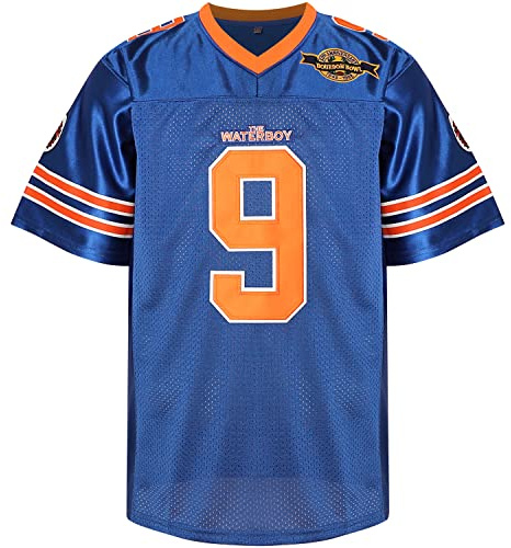 Bobby Boucher #9 The Waterboy Adam Sandler Movie Mud Dogs Bourbon Bowl Football Jersey (Blue, Large)