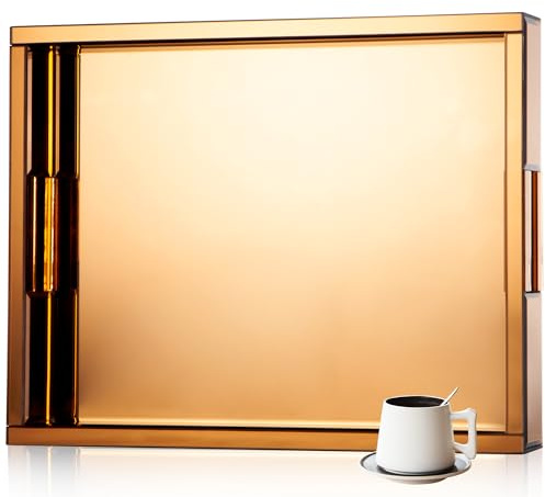 SHYFOY Bandeja Grande, Bandeja de Espejo Dorado, Bandeja para Servir, Bandeja Decorativa Centro de Mesa, Elegante Bandeja Decorativa con Asas, 46 x 36 x 6 cm