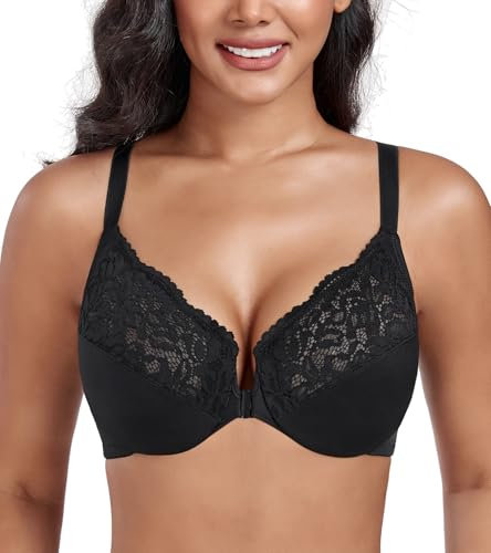 DotVol Plus Size Front Closure Flower Lace T-Back Underwire Everyday Bra for Women(Flower Black,38E)