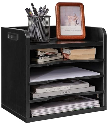 YMYNY Schreibtisch Organizer aus Holz, Dokumentenablage, A4, Aktenmagazinhalter Bücher, Papierbriefzubehör, Sammler, mit 5 Fächer, 3 verstellbaren Ordnerregale, für School, Büro Schwarz HBC006B