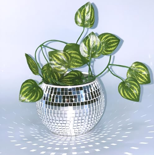 Qiumyanlod Discokugel Blumentopf,Discokugel Vase,Disco Pflanztöpfe,Silber Glas Spiegel Blumentopf Discokugel übertopf,Klein Discokugel Deko Topf für Party Büro,Küche,3 * 4 * 4 Zoll