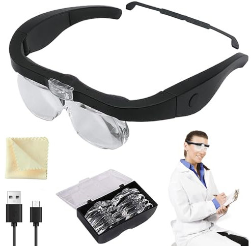 Lupe mit Licht USB,Abnehmbare Linsen-Kopfband Kopf Lupenbrille für Brillenträger,Lupenglas 1.5X, 2.5X, 3.5X, 5X Fach Vergrößerung,Leselupe mit Led Beleuchtung Leselupen Set